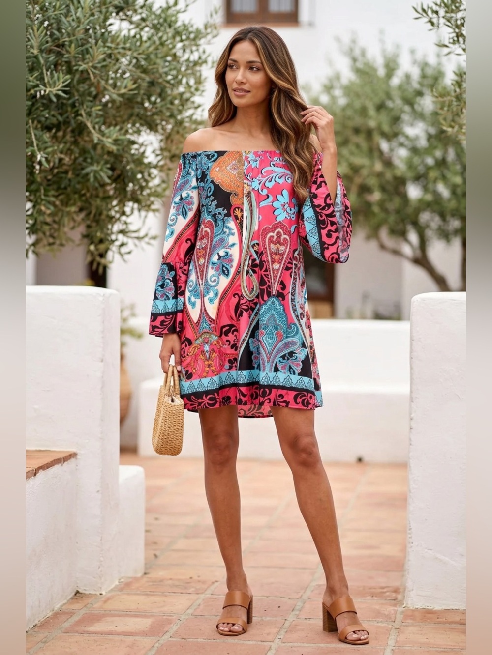On or Off-Shoulder Midi Dress in Berry Paisley Print